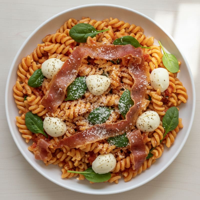 Prosciutto Pasta with Mozzarella and Parmesan