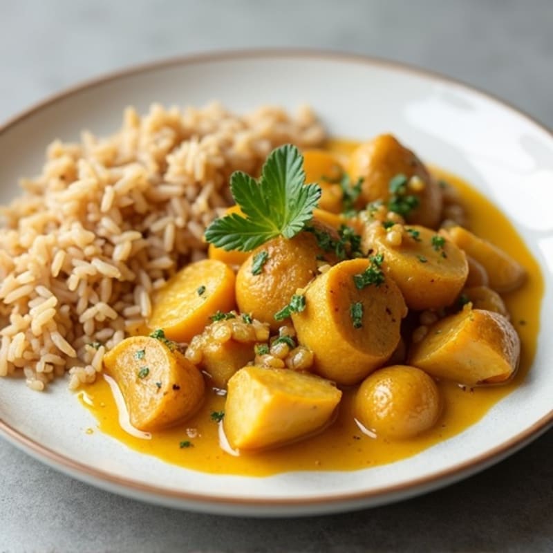 Creamy Chicken Curry with Roasted Potatoes and Brown Rice