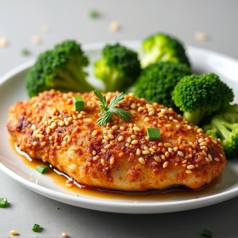 Crispy Baked Sesame Chicken with Steamed Broccoli