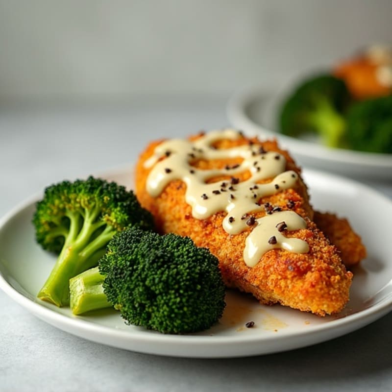 Crispy Everything Bagel Chicken with Roasted Broccoli and Creamy Tahini Drizzle