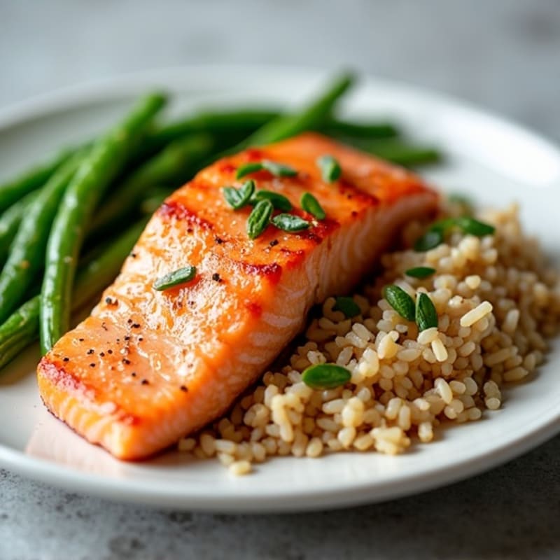 Seared Salmon with Garlic Green Beans and Brown Rice