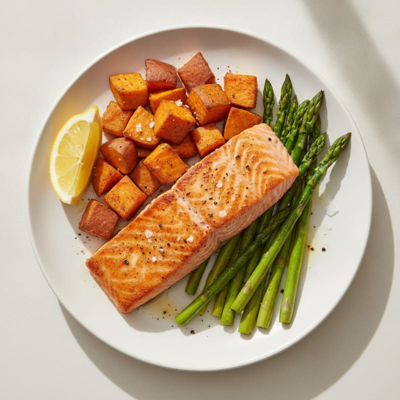 Seared Salmon Fillet with Roasted Sweet Potatoes and Asparagus