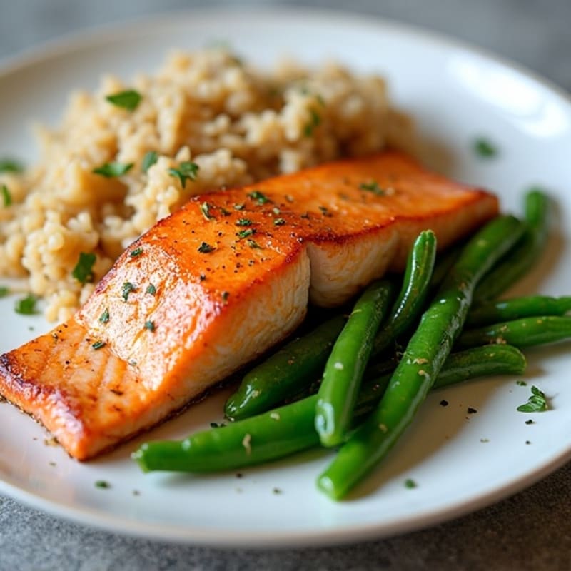 Seared Salmon with Garlic Green Beans and Brown Rice