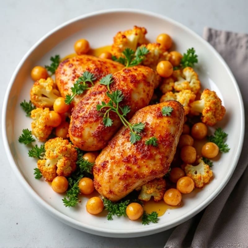 Sheet Pan Harissa Chicken with Crispy Chickpeas and Roasted Cauliflower