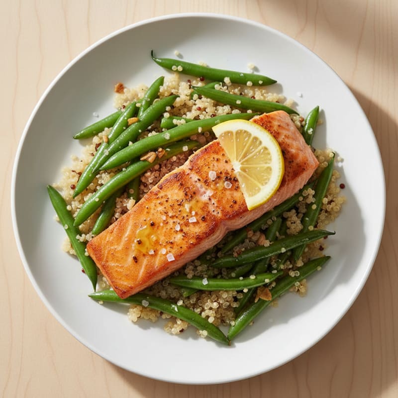 Seared Salmon Fillet with Garlic Green Beans and Quinoa