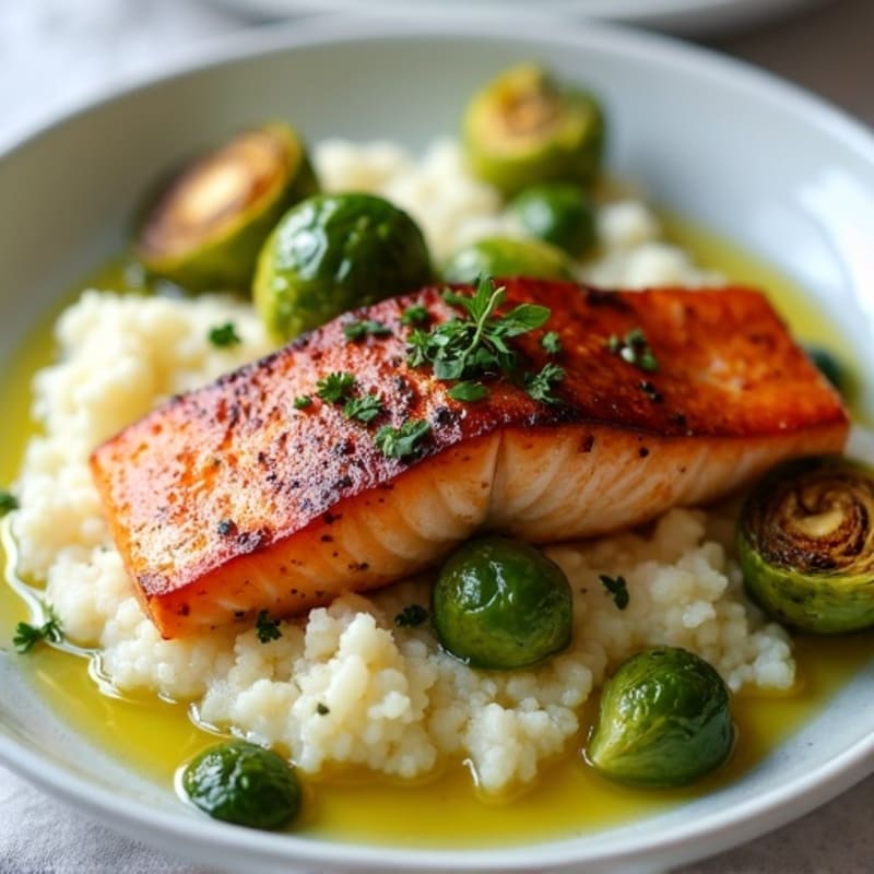 Seared Salmon with Roasted Brussels Sprouts and Cauliflower Mash