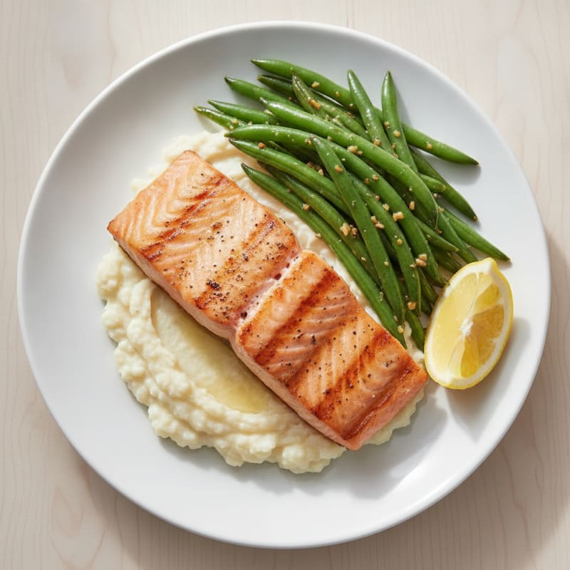 Seared Salmon with Garlic Green Beans and Cauliflower Mash