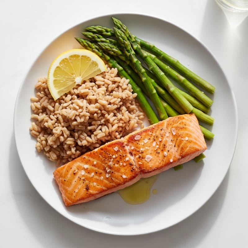Seared Salmon with Steamed Asparagus and Brown Rice