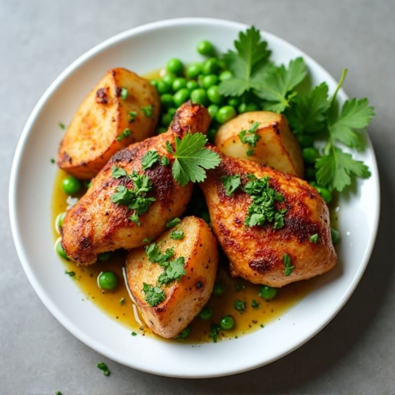 Spiced Chicken with Roasted Potatoes and Peas, and Fresh Cilantro Chutney