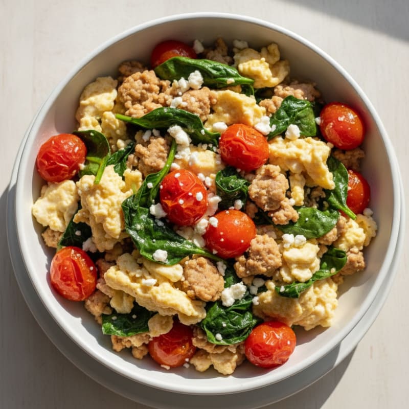 Egg White and Turkey Spinach Scramble with Roasted Tomatoes