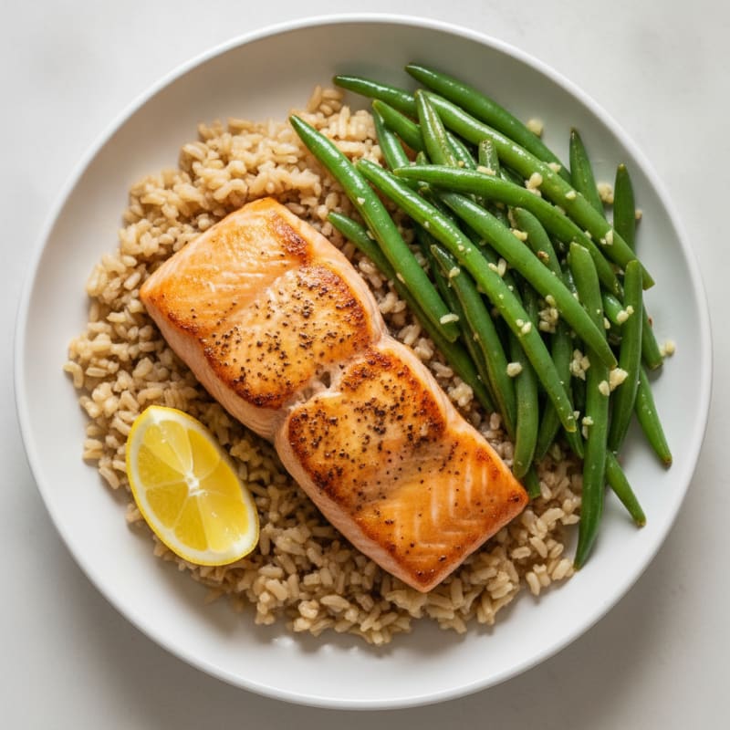 Seared Salmon with Garlic Green Beans and Brown Rice