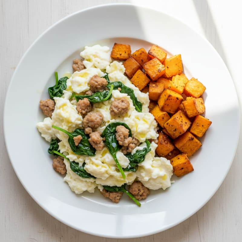 Egg White and Turkey Sausage Scramble with Spinach and Roasted Sweet Potato