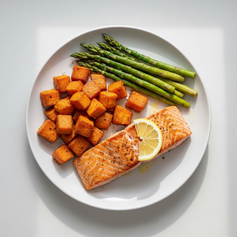 Seared Salmon with Roasted Sweet Potatoes and Asparagus