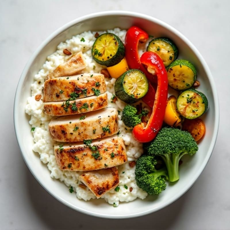 Creamy Cottage Cheese Bowl with Crispy Roasted Vegetables and Herb-Grilled Chicken