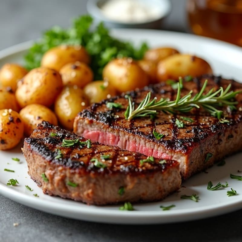 Herb-Crusted Flank Steak with Crispy Garlic Potatoes