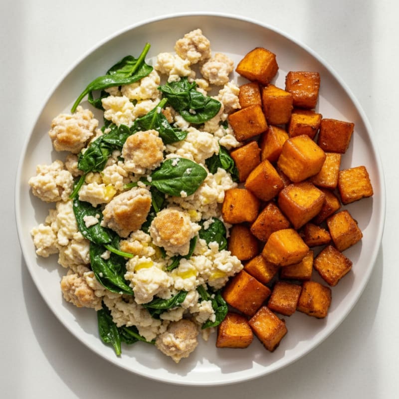 Egg White Scramble with Turkey Sausage and Spinach