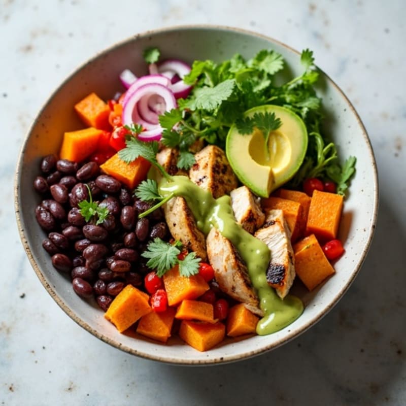 Roasted Sweet Potato and Black Bean Bowl with Creamy Avocado Dressing