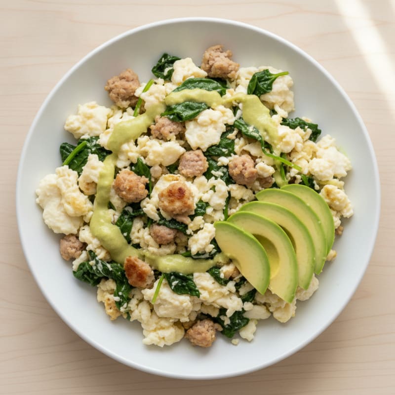 Egg White and Turkey Sausage Scramble with Sautéed Spinach