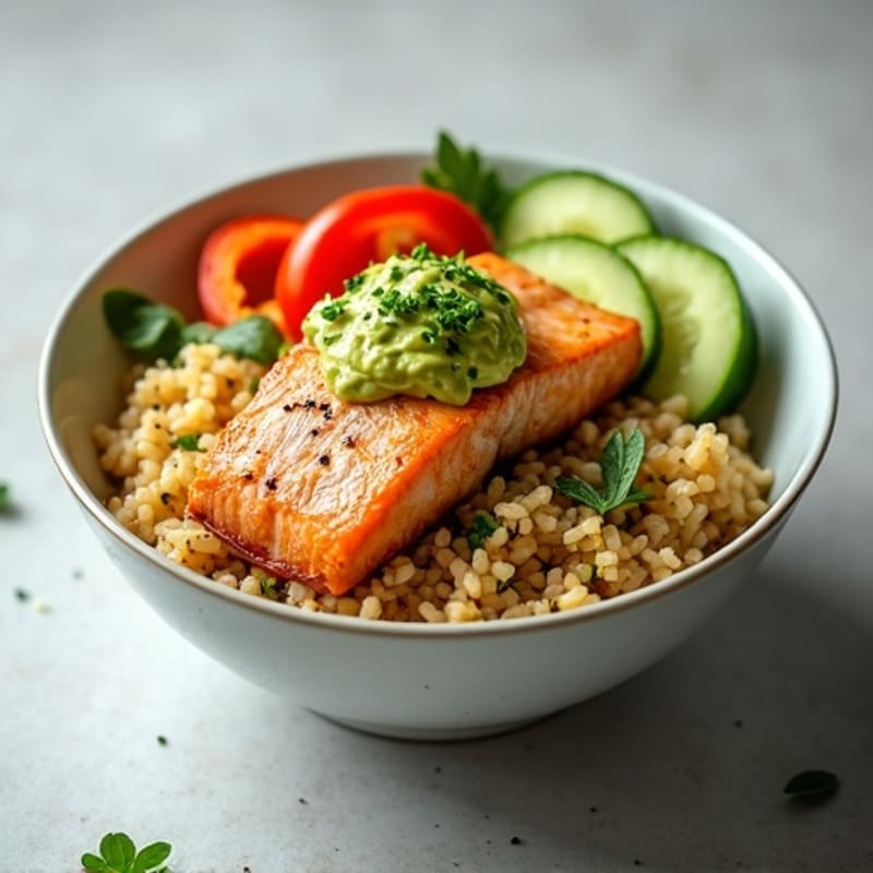 Pan-Seared Salmon with Creamy Avocado and Crisp Vegetable Rice Bowl