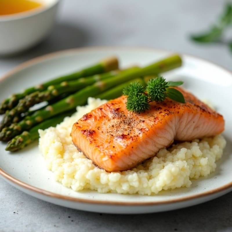Seared Salmon with Steamed Asparagus and Cauliflower Mash