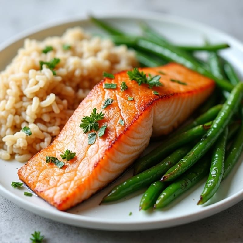 Seared Salmon Fillet with Garlic Green Beans and Brown Rice