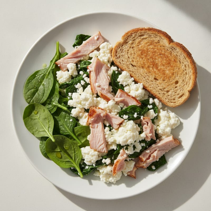 Cottage Cheese Egg White Scramble with Spinach and Smoked Turkey