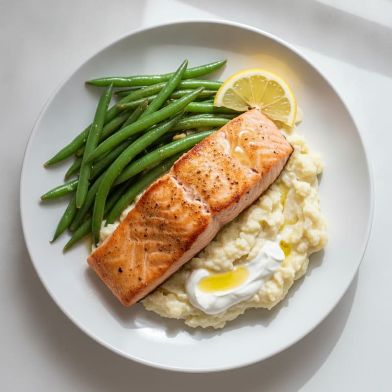 Seared Salmon Fillet with Steamed Green Beans and Garlic Mashed Cauliflower