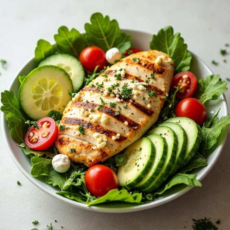 Grilled Chicken and Fresh Greens Salad with Creamy Lemon Herb Dressing