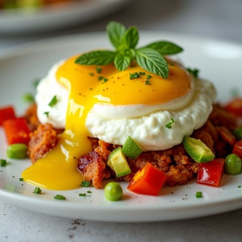 Poached Eggs with Creamy Lemon-Avocado Sauce and Crispy Sweet Potato Hash