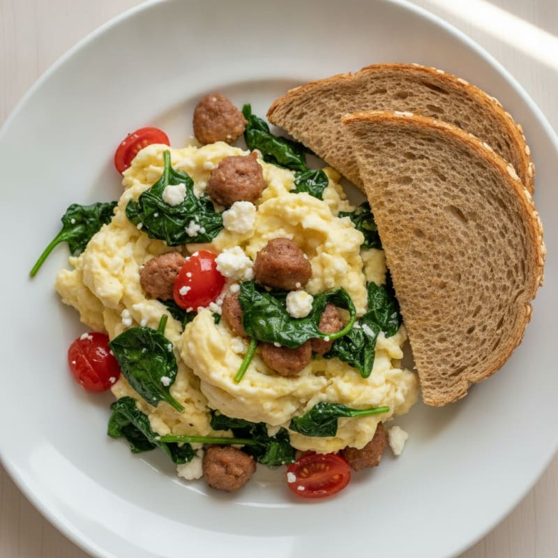 Egg White Scramble with Turkey Sausage and Sautéed Spinach