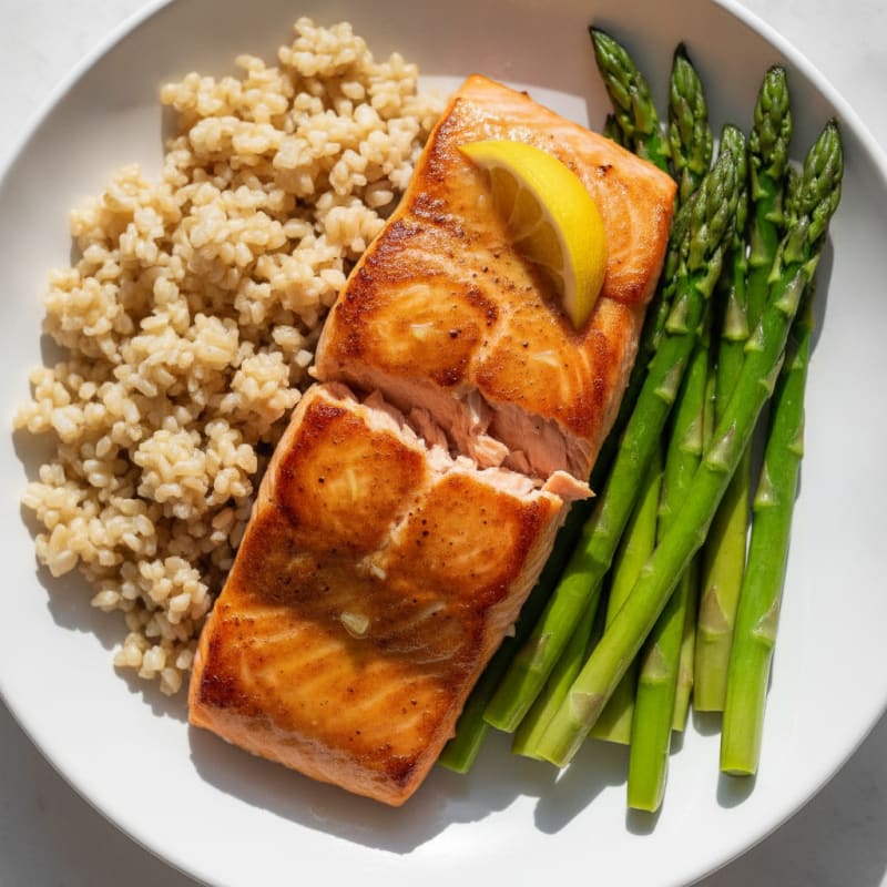 Seared Salmon with Steamed Asparagus and Brown Rice