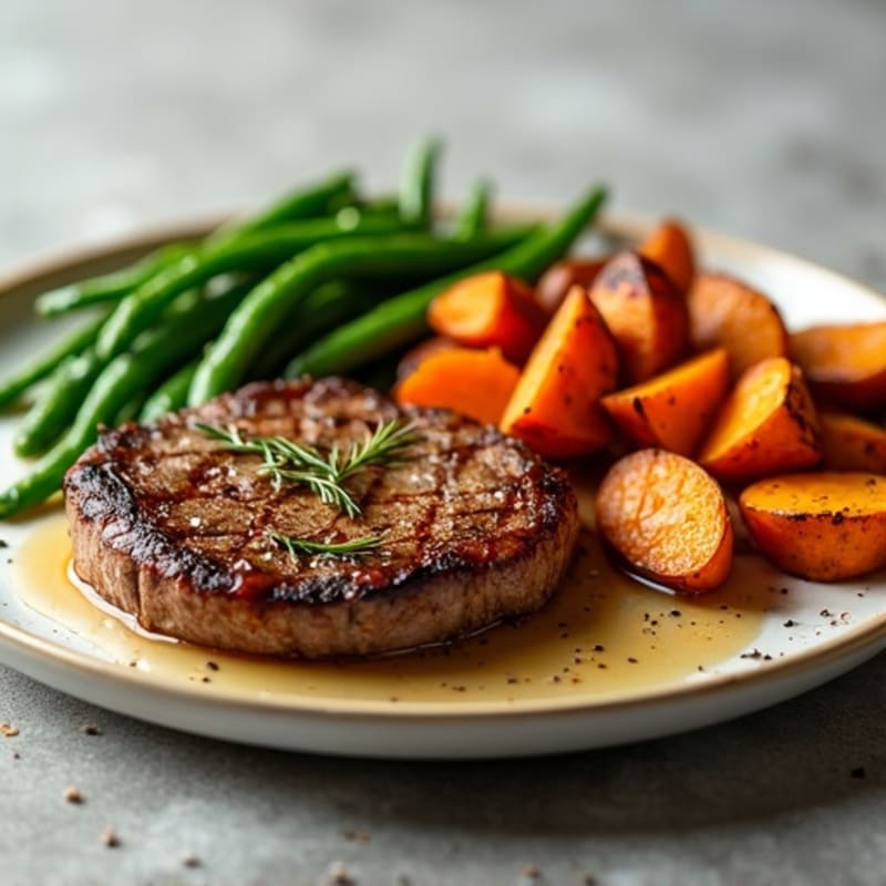 Pan-Seared Steak with Roasted Sweet Potatoes and Green Beans