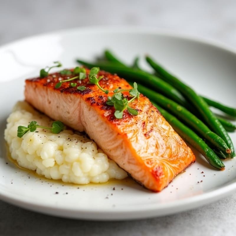 Seared Salmon with Steamed Green Beans and Cauliflower Mash