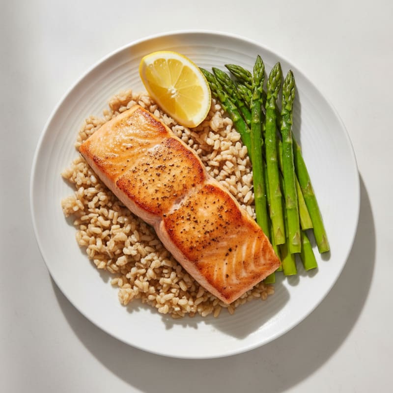 Seared Salmon with Steamed Asparagus and Brown Rice