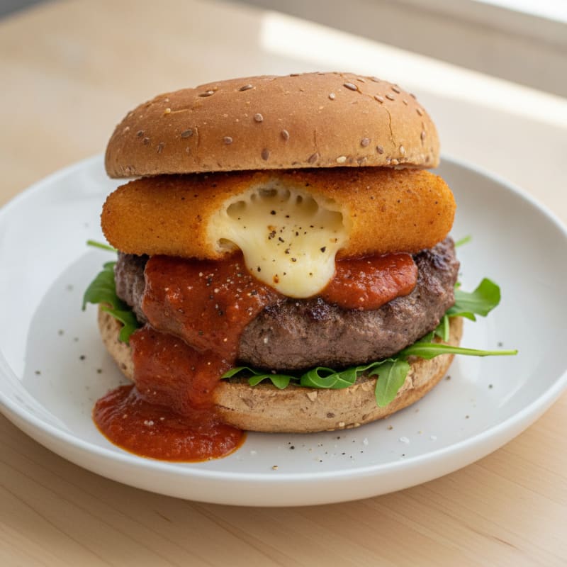 Mozzarella Stick Beef Burger with Marinara