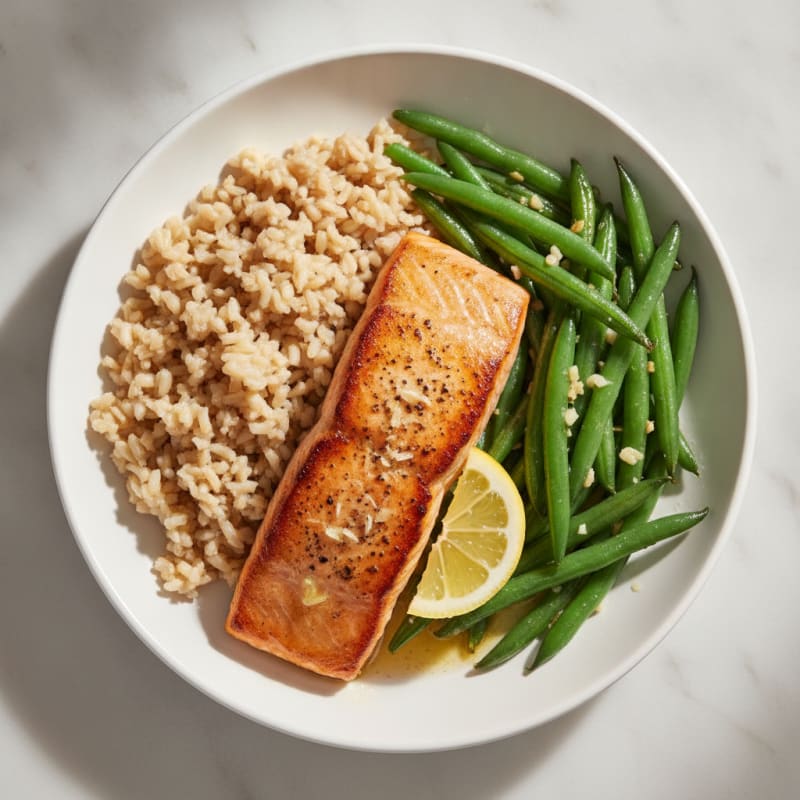 Seared Salmon with Garlic Green Beans and Brown Rice