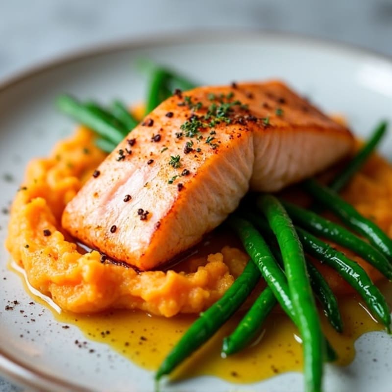 Seared Salmon with Steamed Green Beans and Sweet Potato Mash