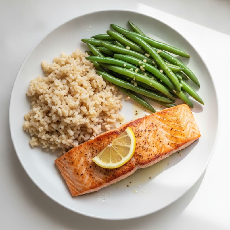 Seared Salmon with Garlic Green Beans and Brown Rice