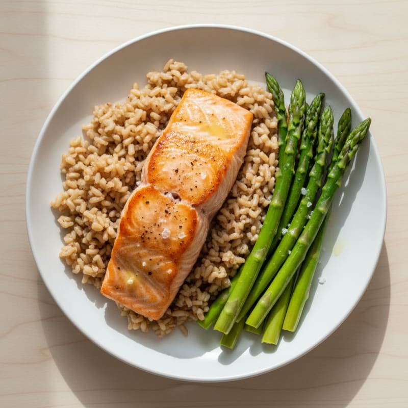 Seared Salmon with Steamed Asparagus and Brown Rice