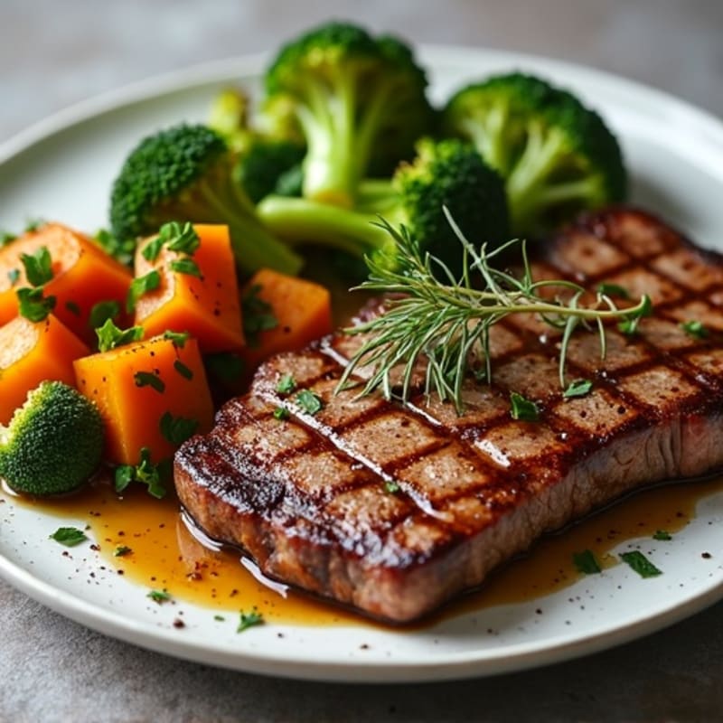 Pan-Seared Steak with Garlic Herb Roasted Broccoli and Sweet Potatoes