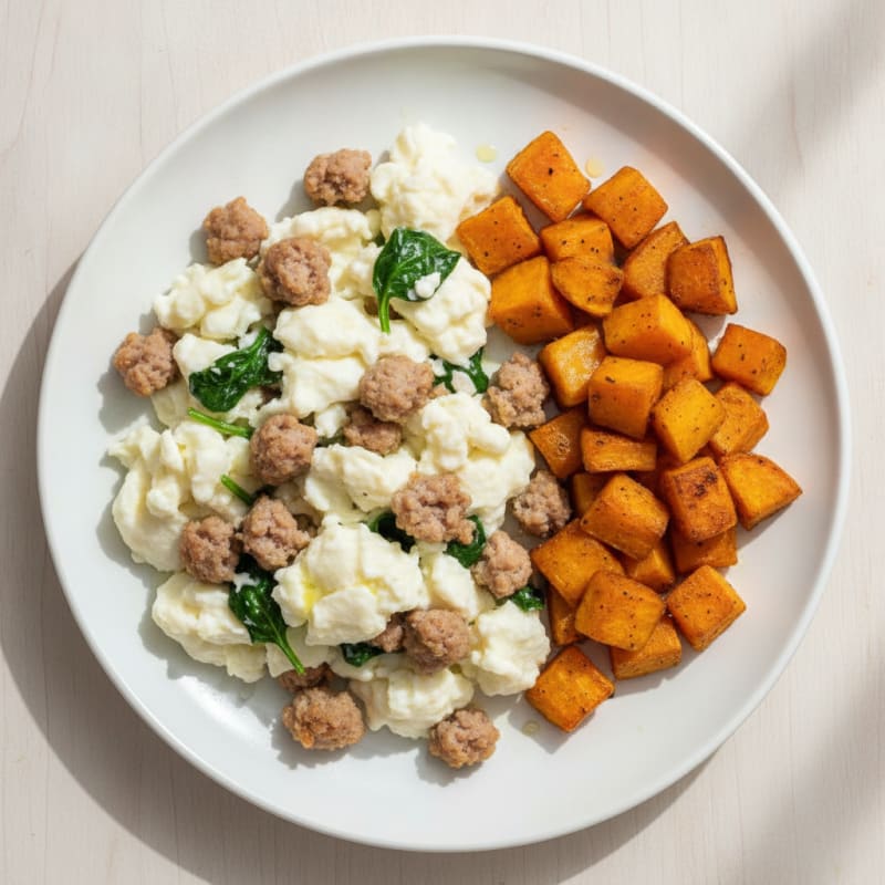 Scrambled Egg Whites with Turkey Sausage and Roasted Sweet Potatoes