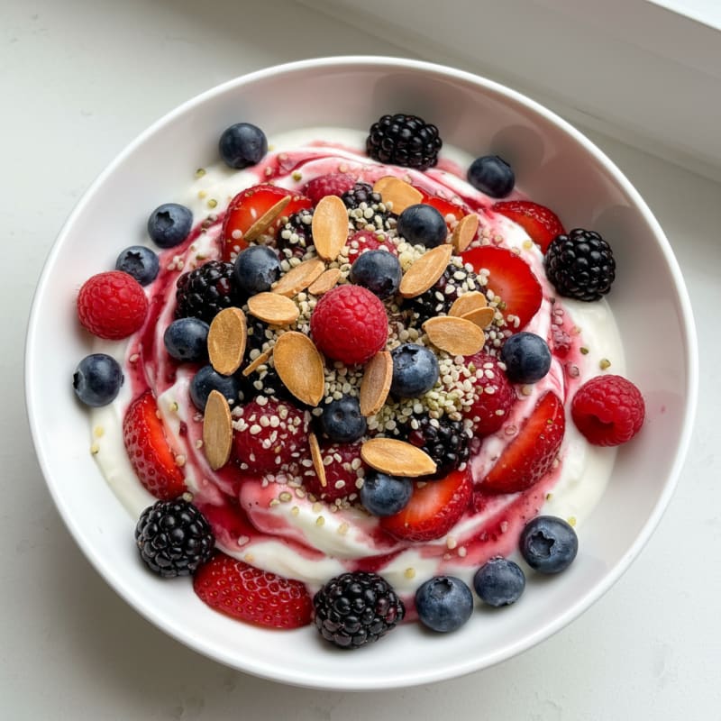 Greek Yogurt Protein Parfait with Mixed Berries and Almonds