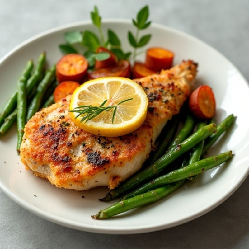 Crispy Lemon Herb Chicken with Roasted Sweet Potatoes and Green Beans