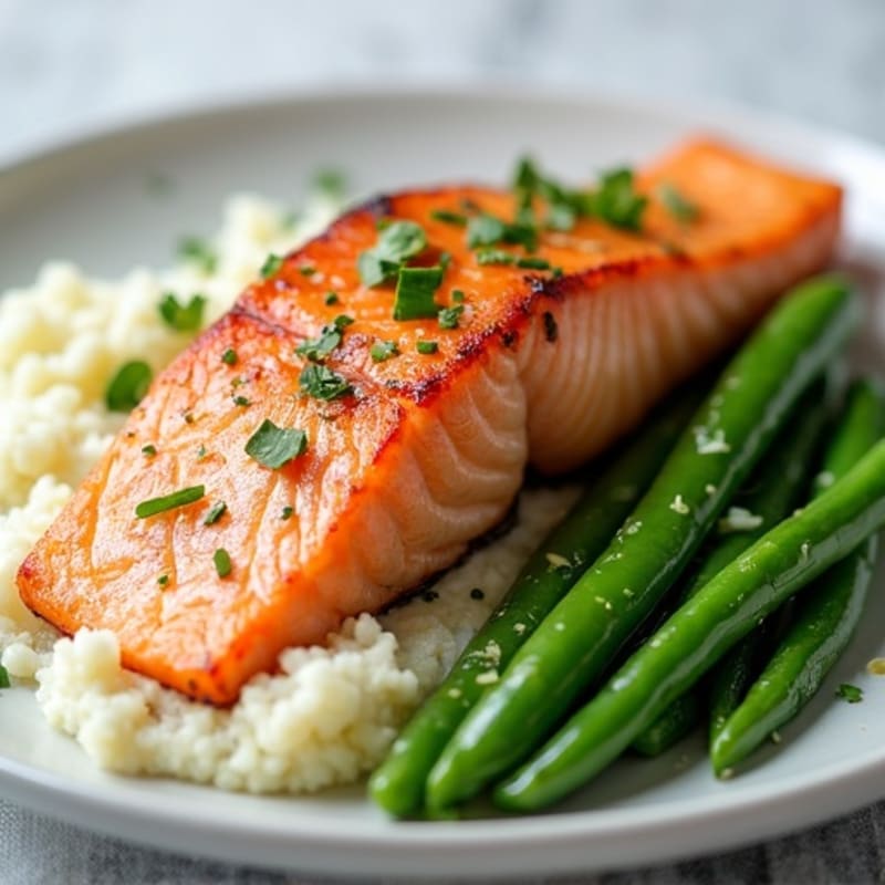 Seared Salmon Fillet with Steamed Green Beans and Garlic Cauliflower Mash