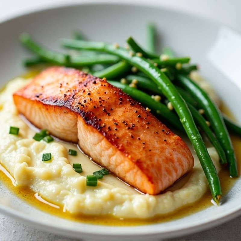 Seared Salmon with Garlic Green Beans and Cauliflower Mash