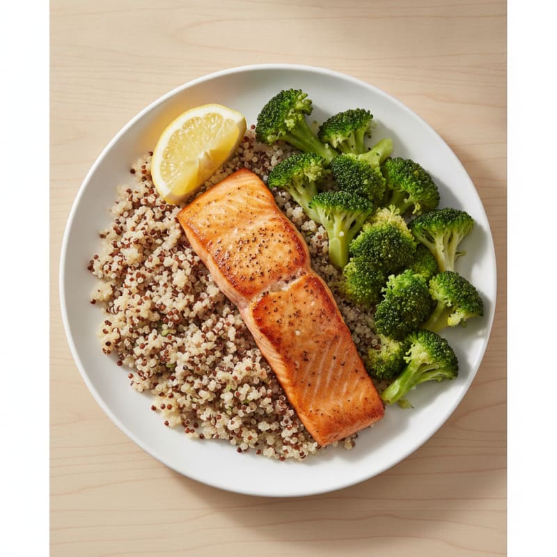 Seared Salmon Fillet with Steamed Broccoli and Quinoa
