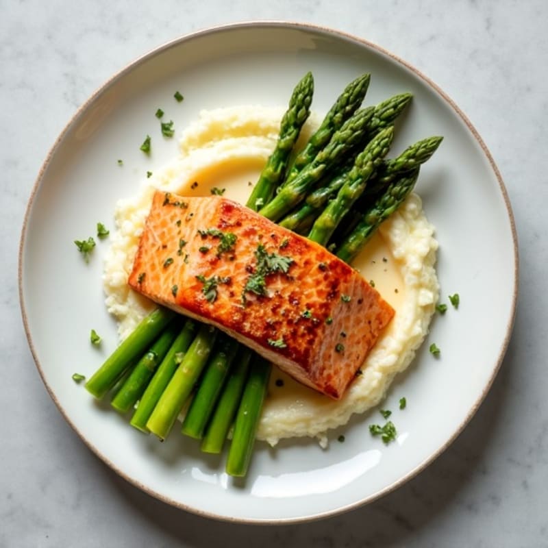 Seared Salmon with Steamed Asparagus and Cauliflower Mash
