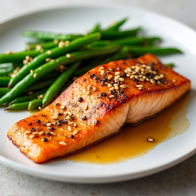 Baked Garlic-Soy Glazed Salmon with Steamed Green Beans