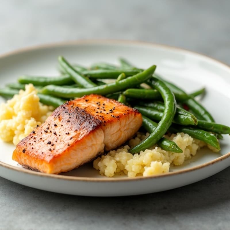 Seared Salmon with Garlic Green Beans and Mashed Cauliflower