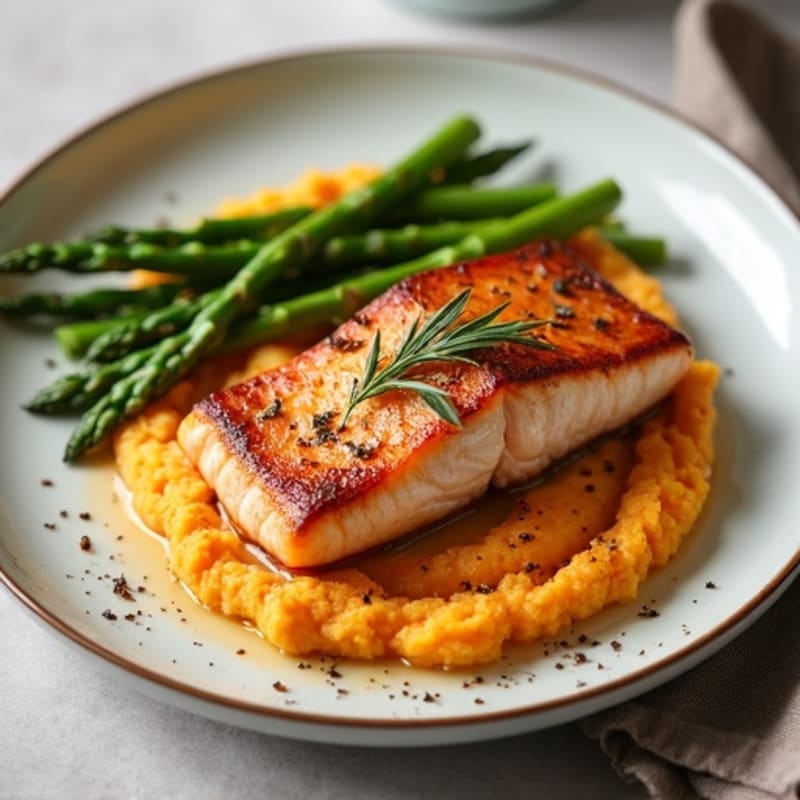 Seared Salmon with Roasted Asparagus and Sweet Potato Mash